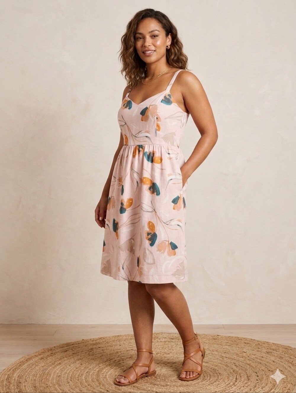 Rachel Zoe 100% Linen Blush Floral Midi Sundress Spaghetti Straps Casual Summer
